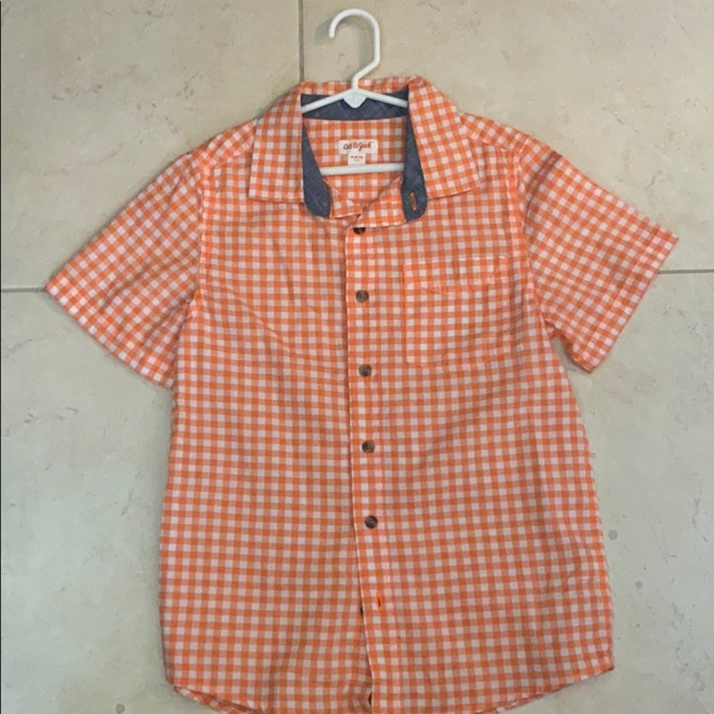 Orange and white plaid pattern button down